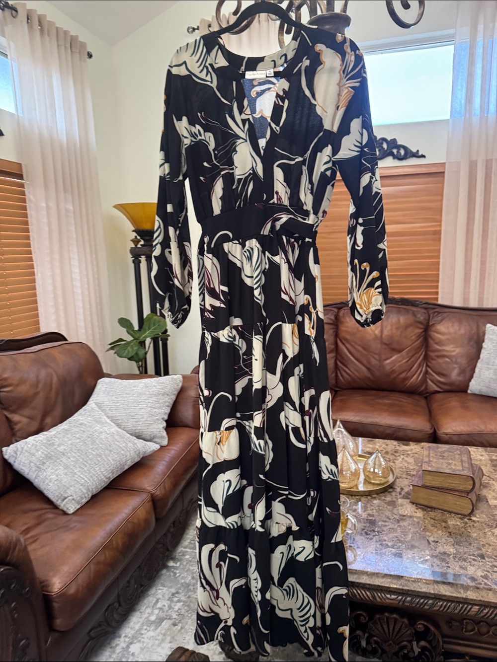 Black Floral Wrap-Style Maxi Dress with Long Sleeves